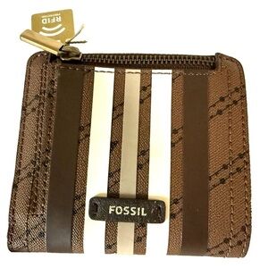 NWT Fossil RFID Logan Bifold Wallet Brown/Black Vegan Leather SL7826199